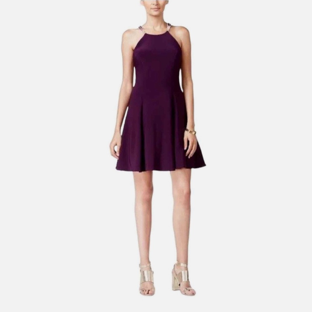 Betsy & Adam Plum Halter Skater Dress with Crystal Straps prom party gala